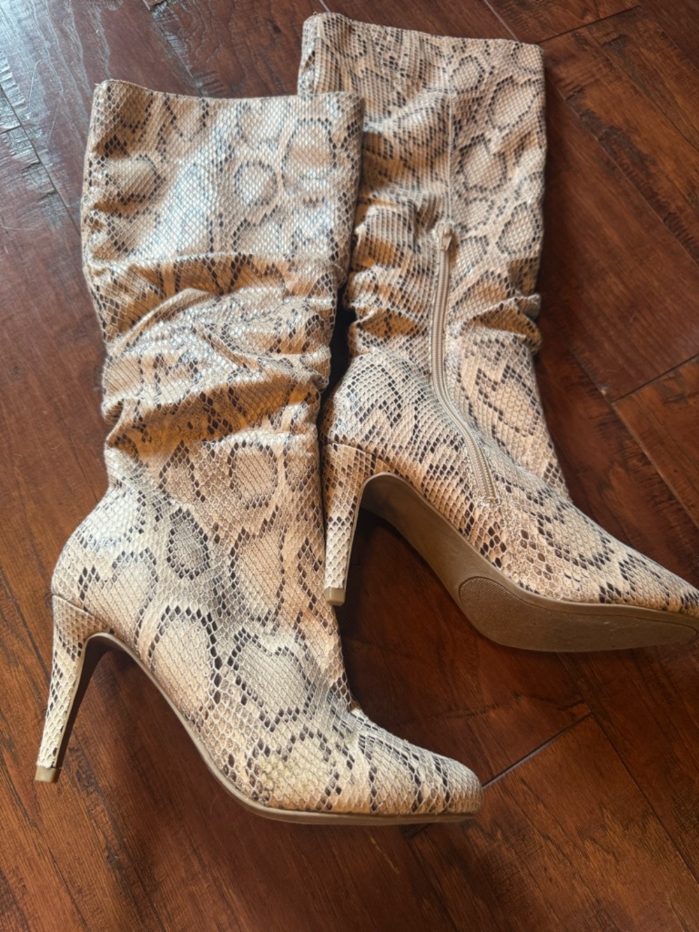 Women's Snakeskin High Heel Boots - Beige Snake Print